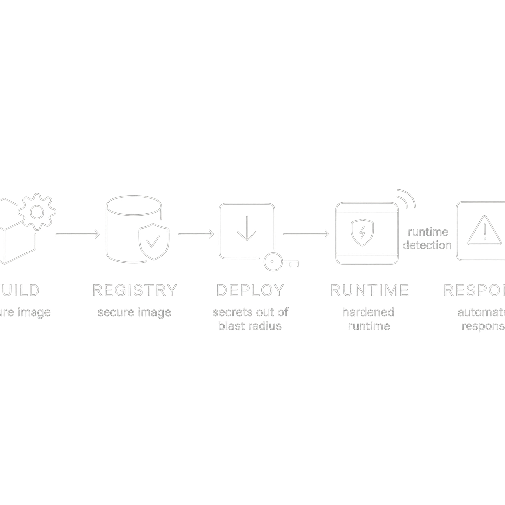 Docker container security lifecycle across build, registry, deploy, and runtime phases